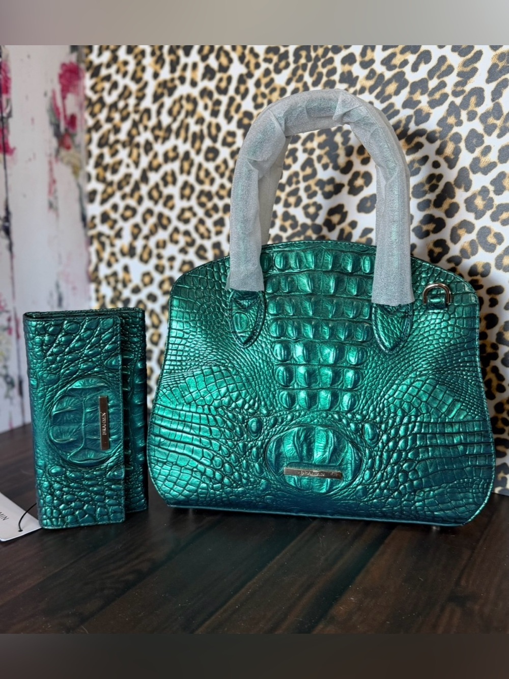 SET Brahmin Rosetta Mystic Green Leather Satchel and Cordelia wallet NWT